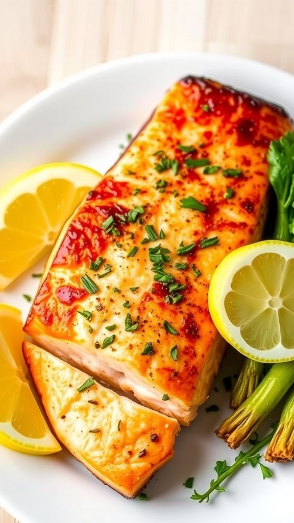 Crispy Air Fryer Salmon Recipe Crispy air fryer salmon fillet garnished with herbs and lemon on a wooden table.
